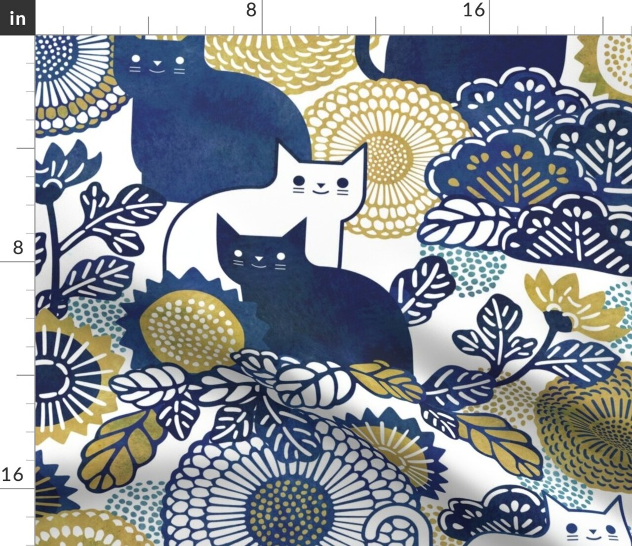 Cat Vintage Floral Gold Cats Navy Blue And Flowers Garden With Custom Printed Fabric by Spoonflower Various Fabrics by the Yard or Fat Quarter